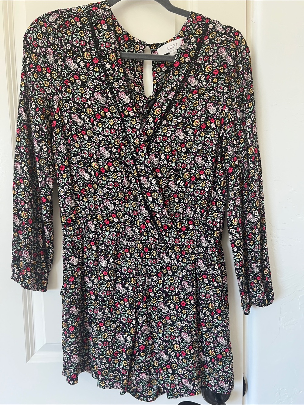 LOFT Black Floral Romper with Pink & Yellow Accents